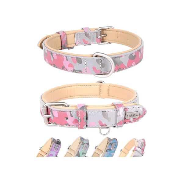 Leather Adjustable Dog Collar for Medium Large Dogs with Reflective Camo Pattern Pink