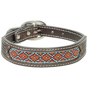 Leather Beaded Inlay Dog Collar with Basket Weave Tooling and Stainless Steel Hardware