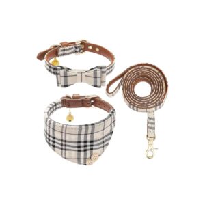 Leather Dog Collar with Bell and Adjustable Leash for Small Puppies