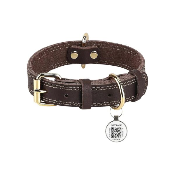 Leather Dog Collar with QR ID Tag and Adjustable Size 12-5 inches Brown Leather