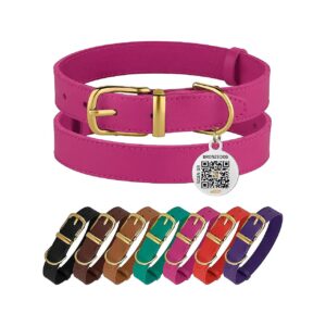 Leather Dog Collar with QR ID Tag for Small Mini Dogs Cats Puppies 7-9 Inch