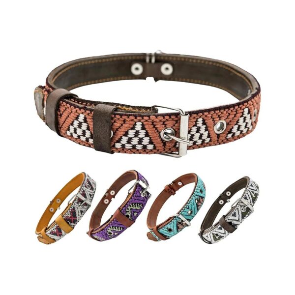 Leather Embroidered Dog Collar with Aztec Design for Small Medium Large Dogs - Brown Rust