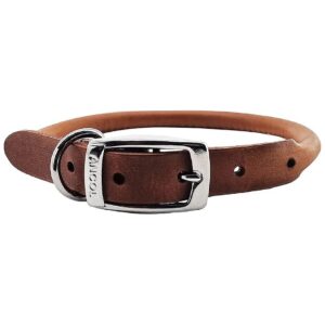 Leather Round Dog Collar Handcrafted with Tan Leather and Nylon Core 45-54cm Size 6