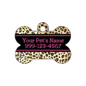 Leopard Print Dog Bone Tag with Pink Background and Personalized Pet Information