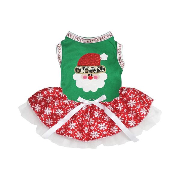 Leopard Santa Face Dog Dress for Small Breeds with Snowflake Pattern