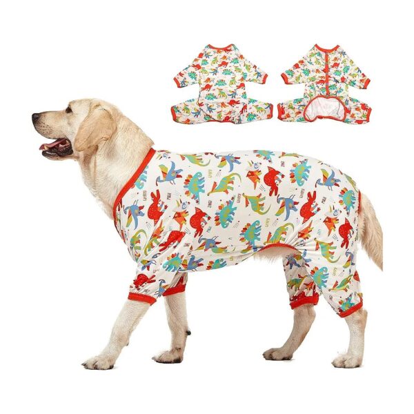 Licking, Anti-Anxiety, White Dinosaur Print Dog Jammies for Medium Breeds