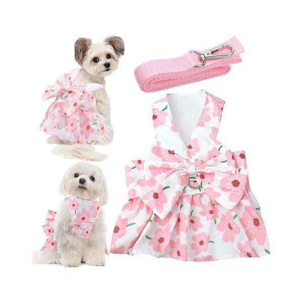 Lightweight Pink Floral Dog Dress with Matching Leash for Small Girl Dogs