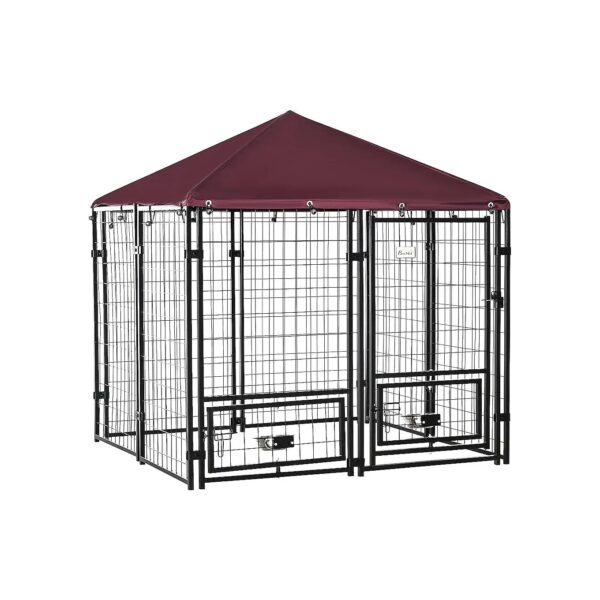 Lockable Outdoor Dog Kennel with Steel Fence and Rotating Bowl Holders for Easy Feeding