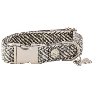 Luxe Herringbone Tweed Dog Collar with Quick Release Metal Safety Buckle Grey