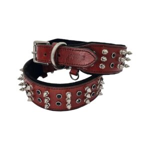 Luxurious Cherry Leather Dog Collar with Nickel Spikes for Large Breeds