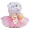 Luxury Bow Dog Dress for Small Dogs and Cats with Pink Wedding Lace and Flared Skirt