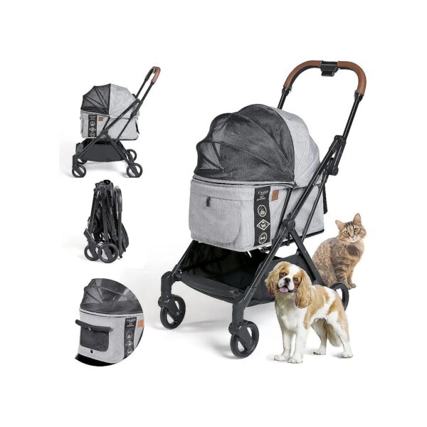 Luxury Pet Stroller For Small Medium Pets Gray Husky Load Capacity 44lbs