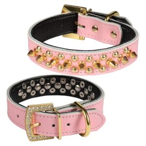 Luxury Pink Leather Dog Collar with Gold Spikes for Small Medium and Large Dogs