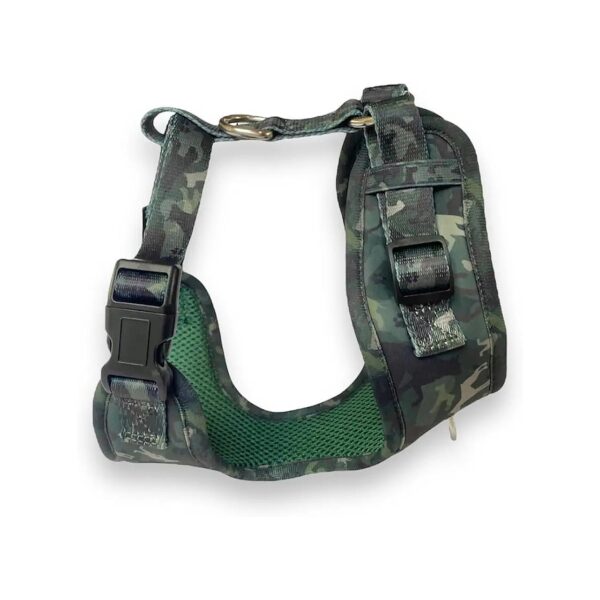 Machine Washable Small Green Camouflage Dog Harness with No Pull and No Escape Adjusters