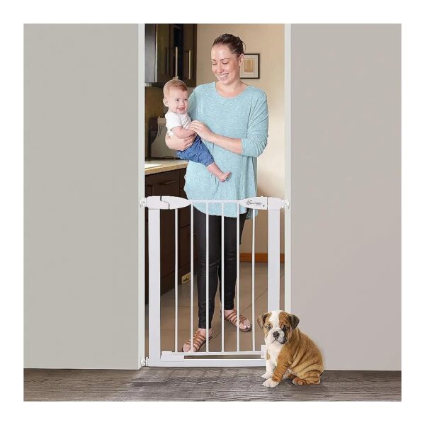 Magnetic Auto Close Baby Gate for Indoor Safety with Smart Stay Open Feature White