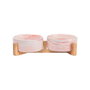 Marble Pink Ceramic Pet Bowls with Non Slip Wood Stand for Cats and Small Dogs