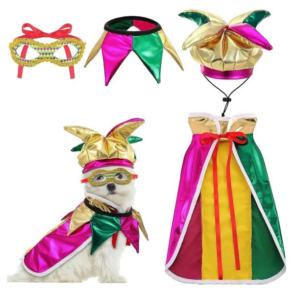 Mardi Gras Jester Dog Costume Cape Collar Mask Small Dog Breed Outfit