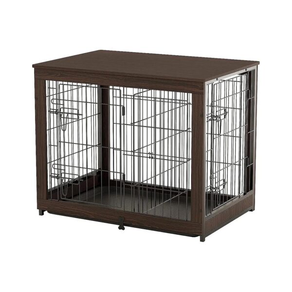 Medium Brown Walnut Wooden Dog Crate with Divider Panel and Tray for Indoor Use