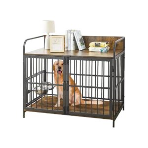 Medium Dog Crate Furniture for Indoor Use with 2 Stainless Steel Bowls and Double Doors