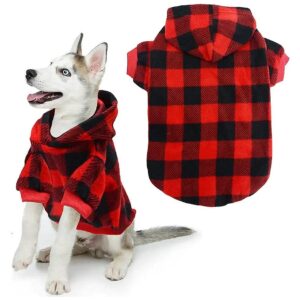 Medium Size Dog Plaid Fleece Hoodie with Sleeves and Pocket for Winter Warmth