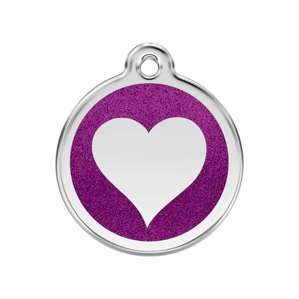 Medium Size Purple Glitter Enamel Heart Dog Identification Tag with Engraving Option