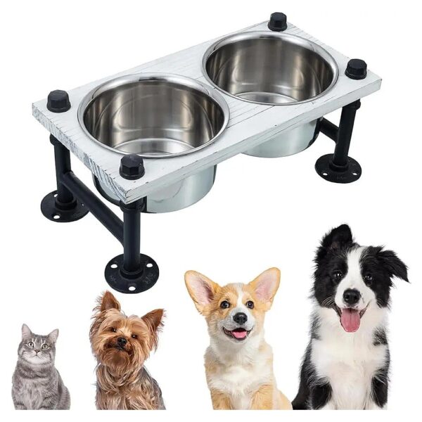 Medium Sized Dog Food Bowl Stand with 2 Stainless Steel Bowls and Vintage White Wood