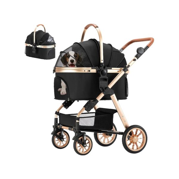 Medium Small Dog Stroller with Reversible Basket and Foldable Aluminum Frame