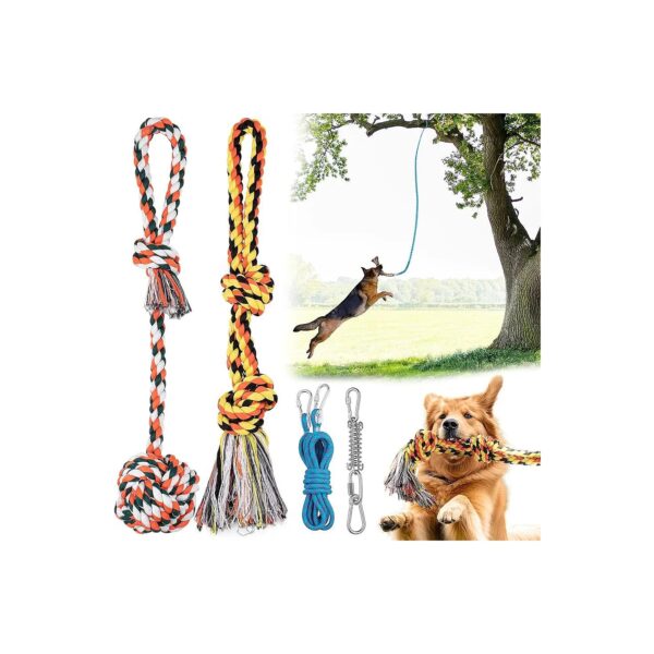 Medium and Large Dog Exercise Toy with Long Blue Rope, Metal Spring, and Two Tug Toys