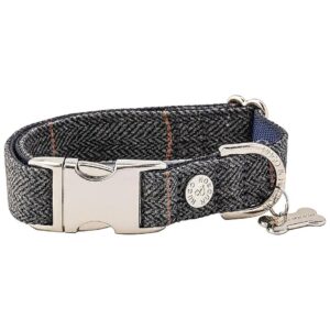 Metal Buckle with Quick Release Safety Feature Tweed Dog Collar in Grey Herringbone