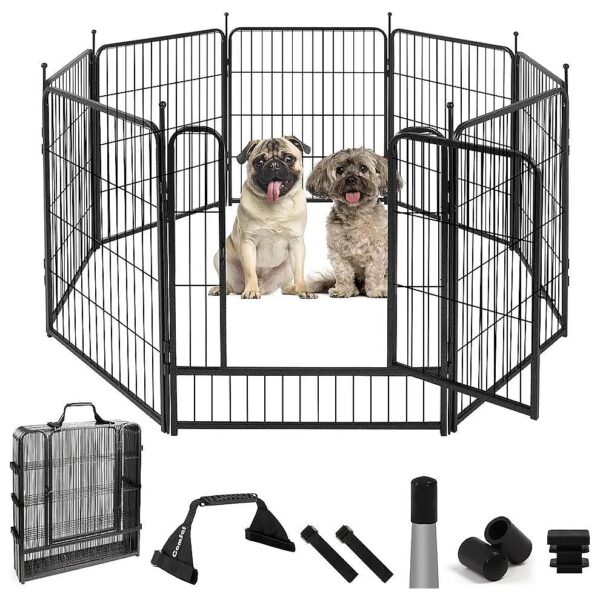 Metal Dog Fence with 8 Panels and Easy-Carry Straps for Large Medium Small Dogs