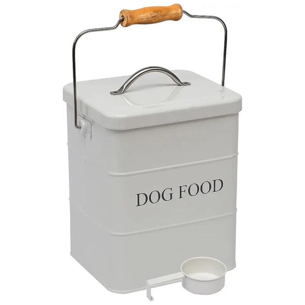 Metal Dog Food Storage Container with Airtight Lid and Wooden Handle for 5-Liter Capacity