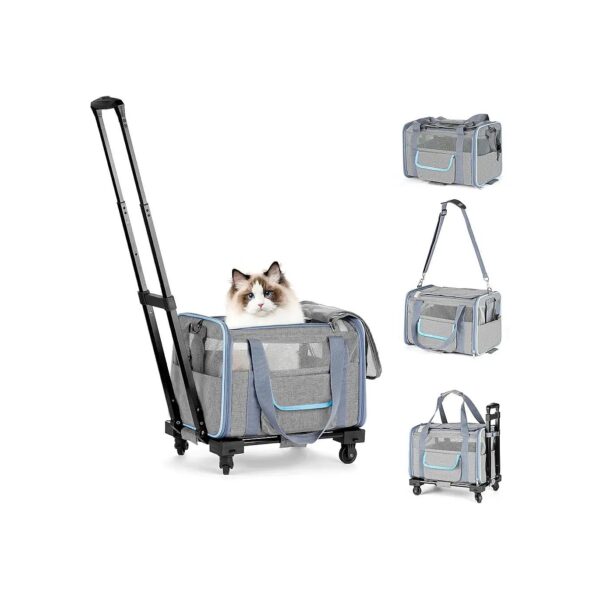 Metal Pet Carrier with Wheels Soft Sided Dog Rolling Crate Cat Travel Bag up to 20 Lbs