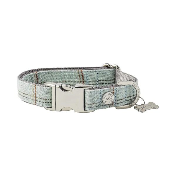 Metal Safety Buckle and Padded Comfort Tweed Dog Collar Aqua Checkered XS