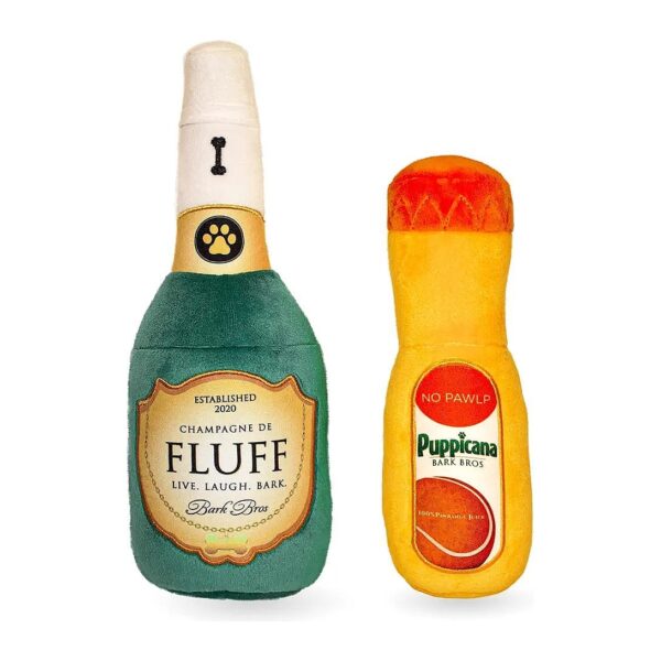 Mimosa-Inspired Plush Squeaky Dog Toy Two Pack with Unique Bottle Design