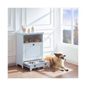 Modern Dog Feeding Station with Pet Food Storage Cabinet and 2 Flexible Hooks