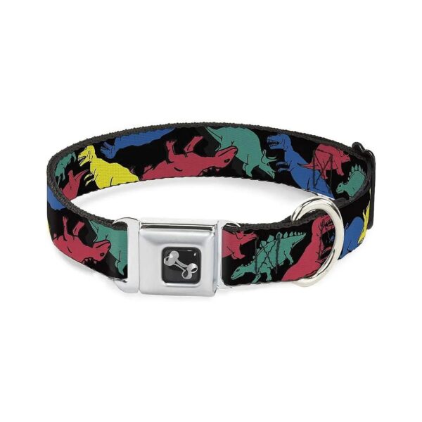 Multi Color Dog Collar Dinosaurs Pattern Black Buckle Style Fits 15 26 Inch Neck