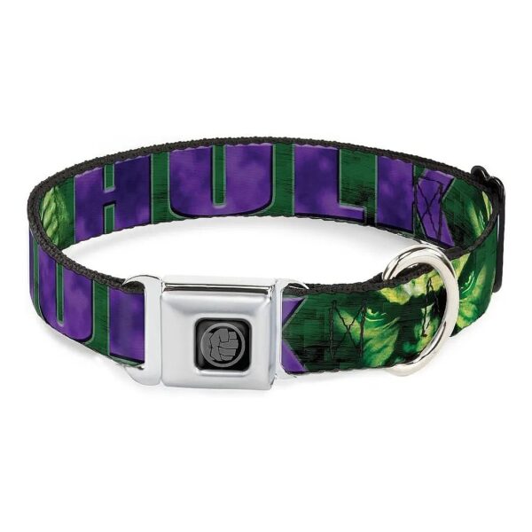 Multicolor Dog Collar with Authentic Seatbelt Buckle and Marvel Comic Hulk Face