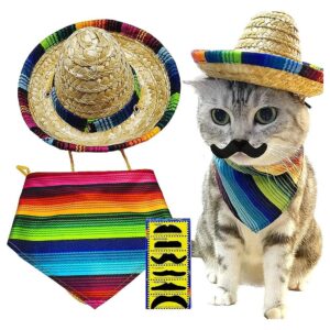 Multicolor Mexican Dog Costume Set Includes Triangle Bib Sombrero Hat and Mustache