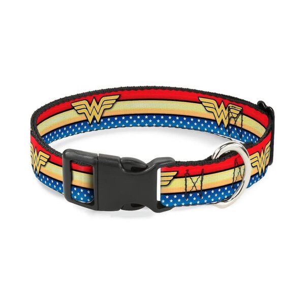 Multicolor Polyester Dog Collar Featuring Wonder Woman Logo Stripe/Stars Design