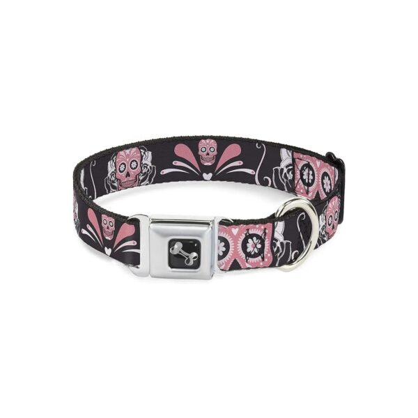 Multicolor Sugar Skulls Dog Collar with 5 Inch Wide Seatbelt Buckle