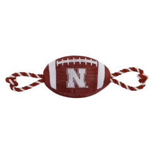 NCAA Nebraska Cornhuskers Football Squeaker Dog Toy with Nylon Rope and Woven Team Logo