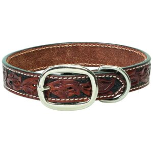 Natural Leather Dog Collar with Floral Carving and Stainless Steel Hardware for Pet Wear