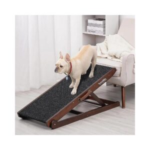 Natural Wood Pet Ramp with Adjustable Heights and High-Traction Carpet for All Pets