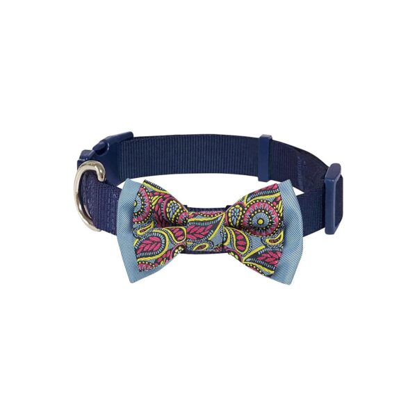 Navy Blue Dog Collar with Handmade Paisley Print Bow Tie and Adjustible Neck