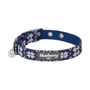 Navy Blue Small Breed Adjustable Dog Collar with Metal Buckle and Braided Tribal Print