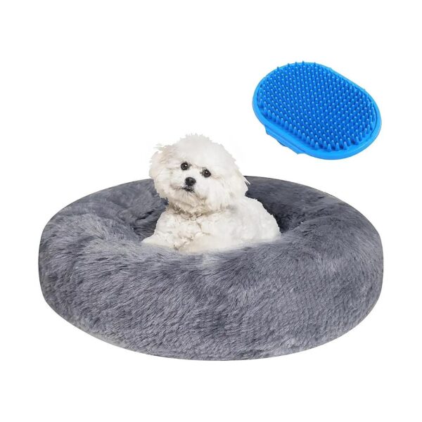 Navy Grey Faux Fur Plush Cushion Pet Bed for Small to Medium Breed Dogs and Cats