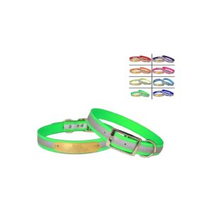 Neon Green Reflective Dog Collar with Brass ID Tag and Adjustable Size Options