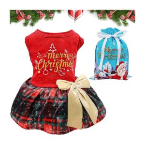 New Year Gift for Small Medium Dogs with Velvet Dress and Bow