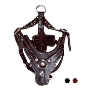 No Pull Leather Dog Harness with Adjustable Straps for Medium Small Dogs Dark-Brown