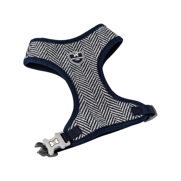 No-Pull Navy Herringbone Tweed Dog Harness with Breathable Padding for Small Breeds